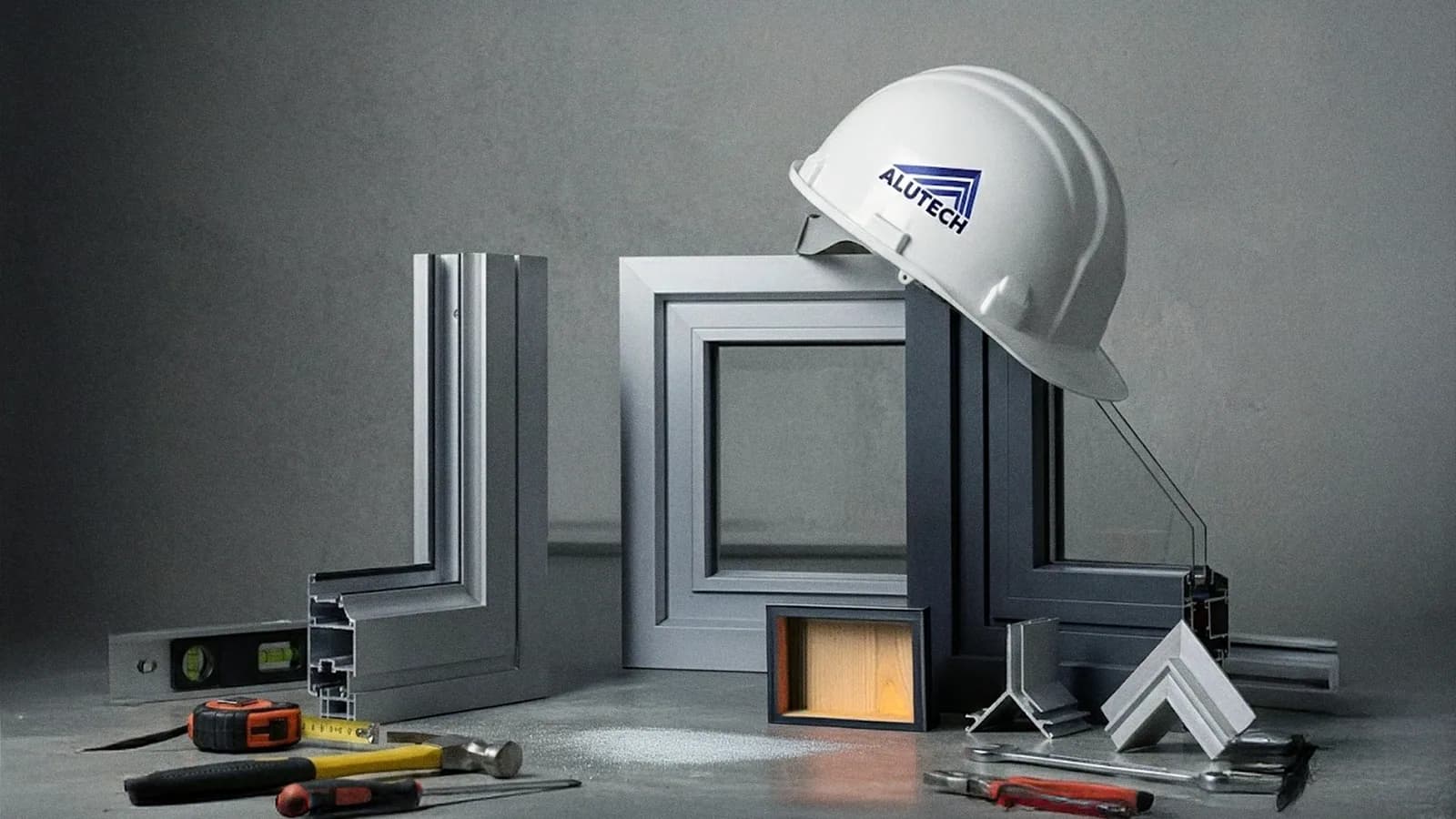 Composição com perfis de esquadria, capacete e ferramentas com a marca Alutech